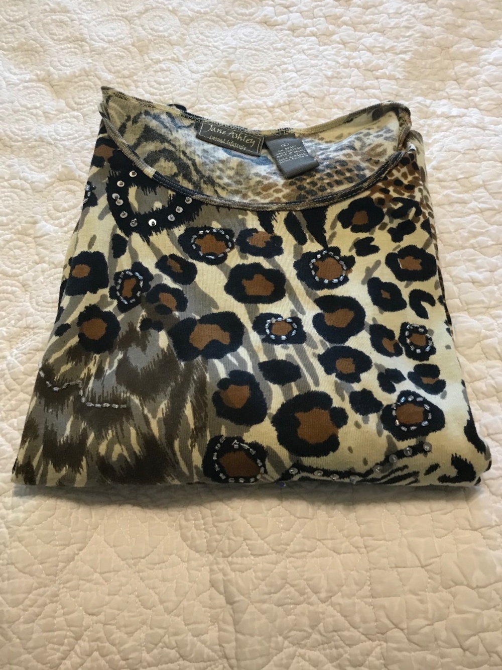 Jane Ashley animal print 💯% cotton long sleeved sequined & beaded top (L)